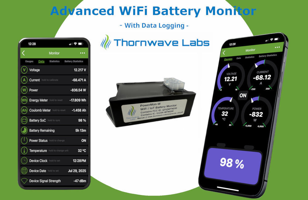 PowerMon-W - WiFi / IoT Advanced Battery Monitor / DC Power Meter with data logging - Thornwave Labs
